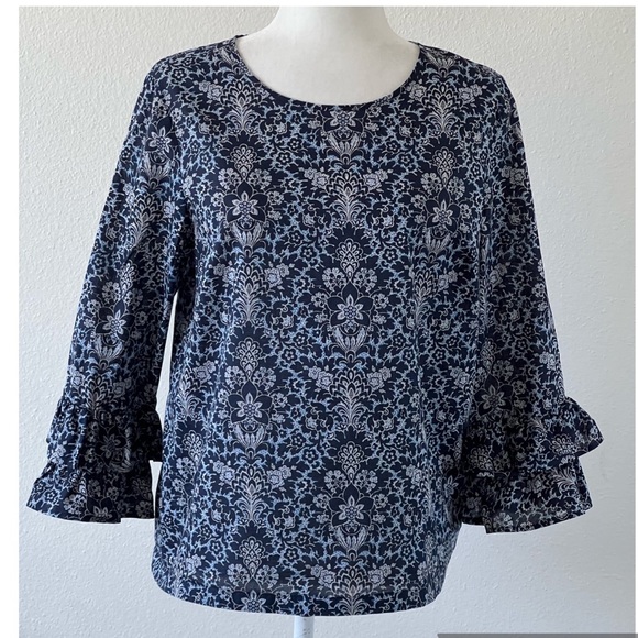 J.CREW  Size 8 Double Ruffle Sleeve Floral Print Top Blue Cotton Blouse - Picture 1 of 10